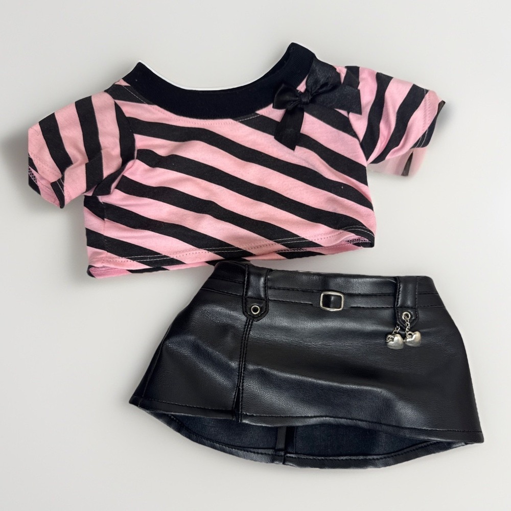 Build A Bear BAB Clothes Outfit Faux Leather Skirt Pink Striped Shirt Set